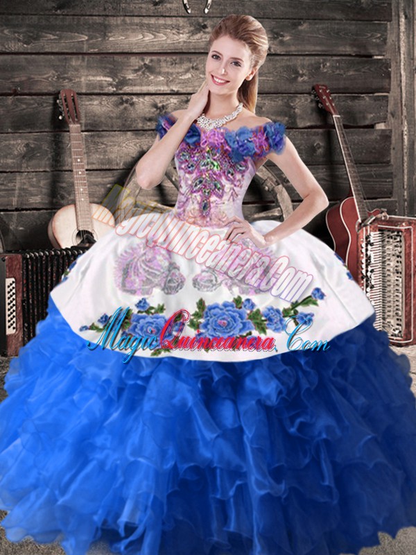 triumph Blue And White Lace Up Off The Shoulder Appliques Quinceanera Gowns Satin and Organza Sleeveless