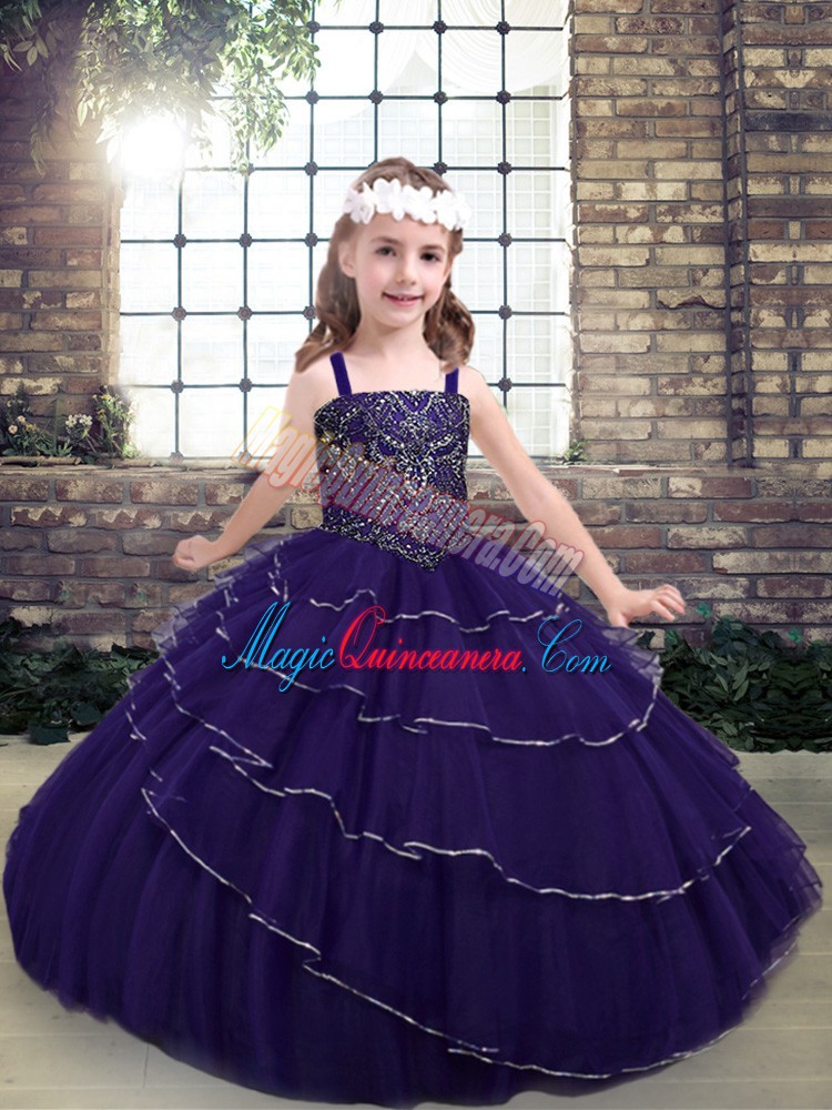 triumph Superior Purple Ball Gowns Straps Sleeveless Tulle Floor Length Lace Up Beading Little Girl Pageant Gowns