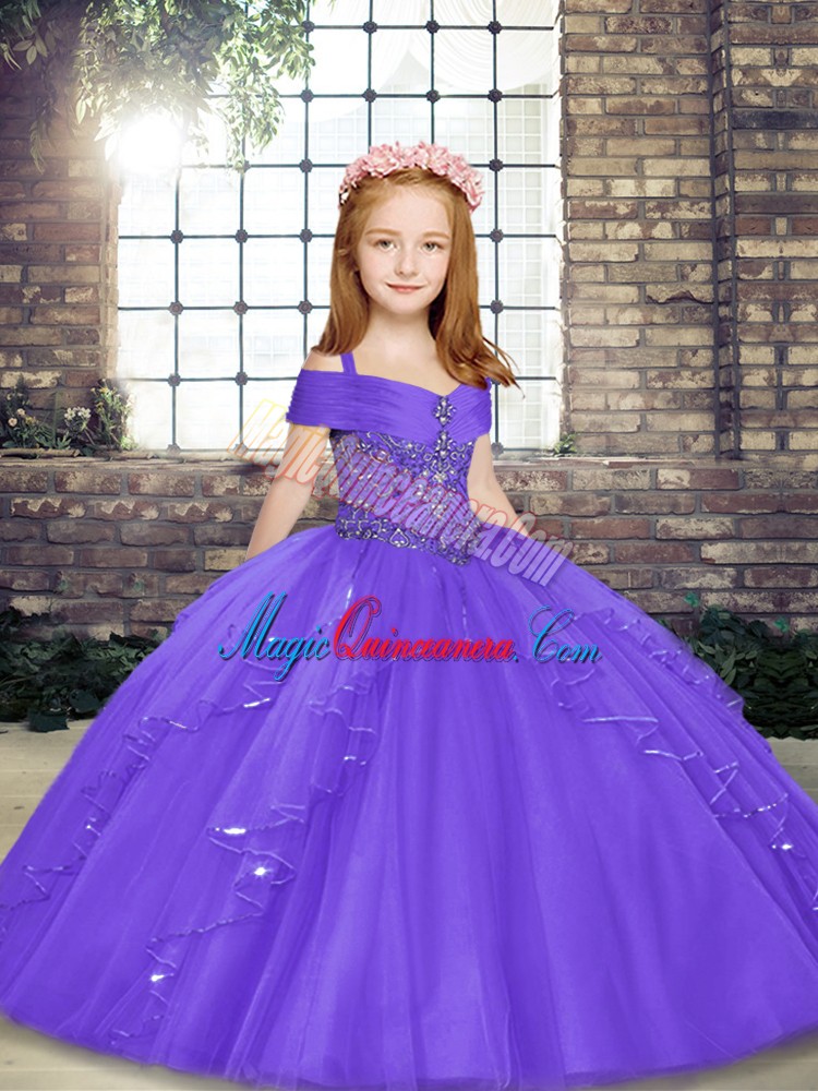 triumph Fashionable Floor Length Lace Up Pageant Gowns For Girls Lavender for Party and Wedding Party with Beading