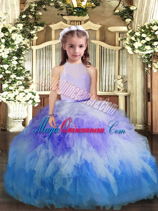 triumph Modern Multi-color Tulle Backless High-neck Sleeveless Floor Length Little Girls Pageant Gowns Ruffles
