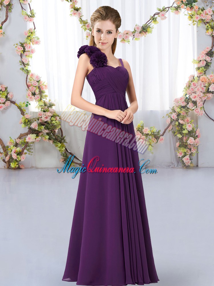 triumph Dramatic Straps Sleeveless Court Dresses for Sweet 16 Floor Length Hand Made Flower Dark Purple Chiffon