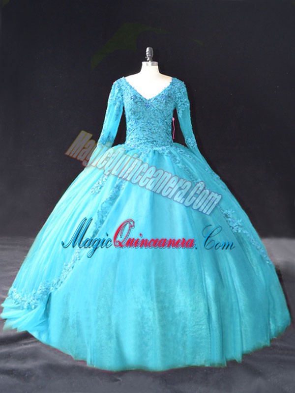 triumph V-neck Long Sleeves Quince Ball Gowns Floor Length Lace and Appliques Aqua Blue Tulle