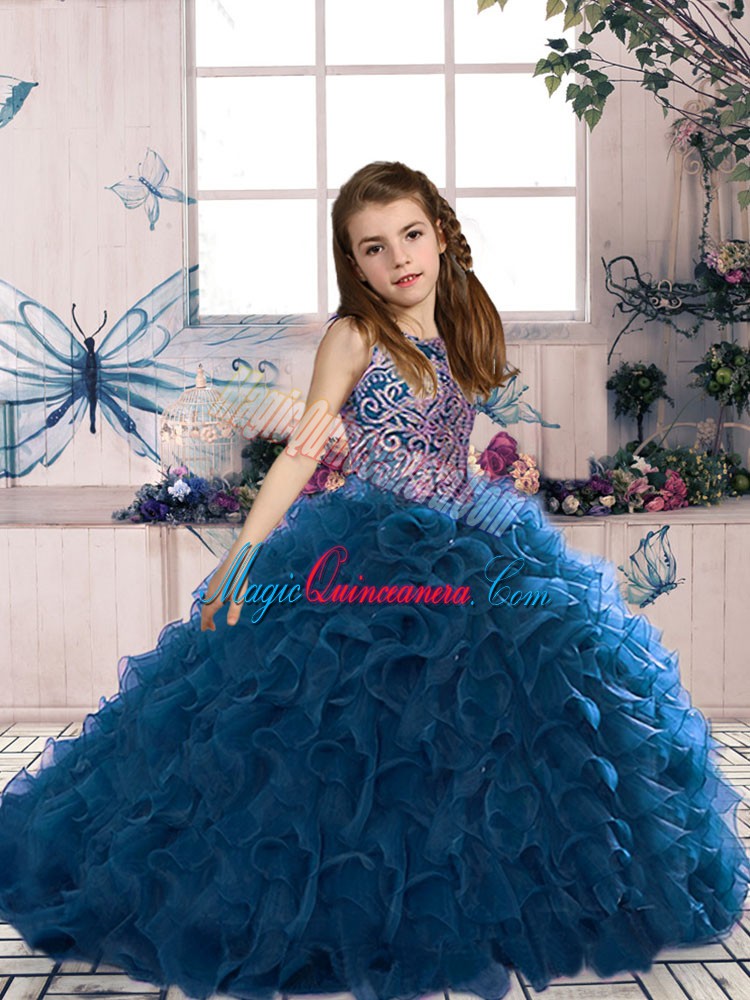 triumph Customized Beading and Ruffles Little Girl Pageant Gowns Navy Blue Lace Up Sleeveless Floor Length