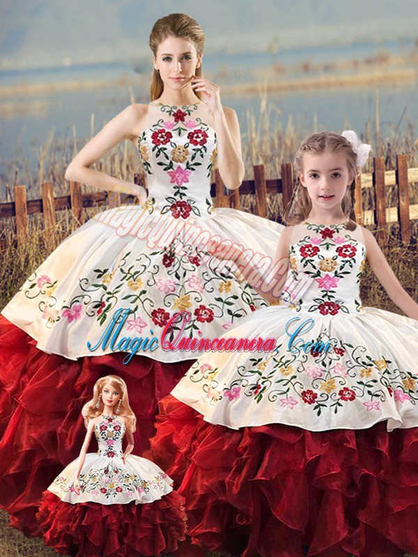 Low Price Floor Length White And Red 15th Birthday Dress Organza Sleeveless Embroidery and Ruffles