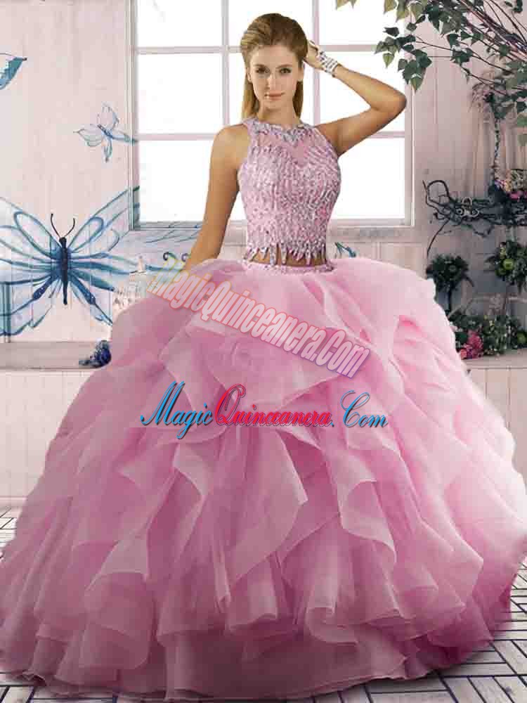 triumph Traditional Pink Zipper Scoop Beading and Ruffles Vestidos de Quinceanera Tulle Sleeveless