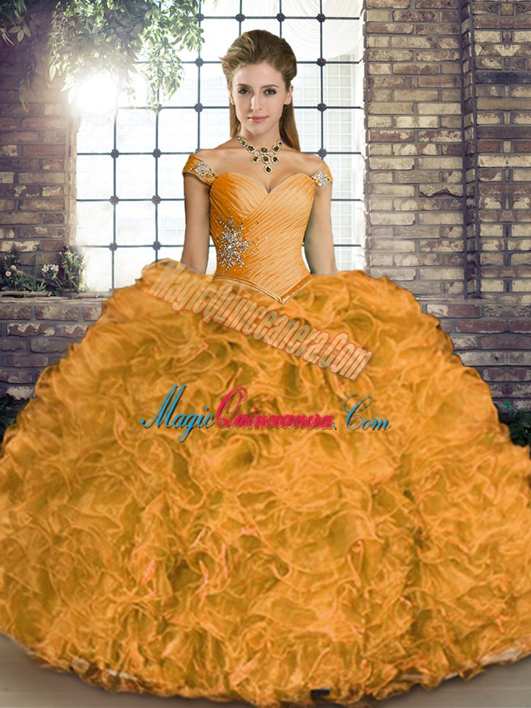 triumph Clearance Off The Shoulder Sleeveless Quinceanera Gowns Floor Length Beading and Ruffles Orange Organza