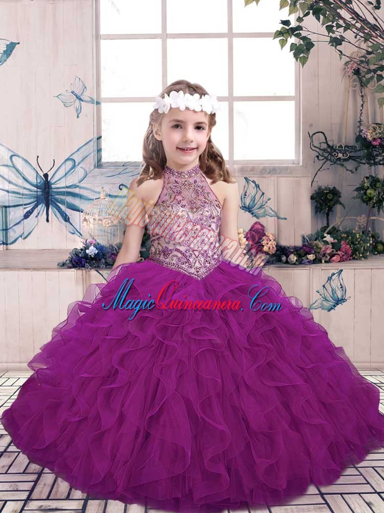 triumph Charming Purple Sleeveless Tulle Lace Up Kids Pageant Dress for Party and Sweet 16 and Wedding Party