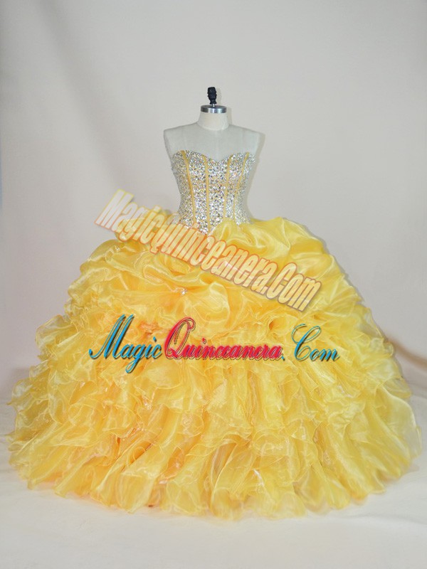 triumph Customized Gold Ball Gowns Organza Sweetheart Sleeveless Beading and Ruffles Floor Length Lace Up Quinceanera Gowns