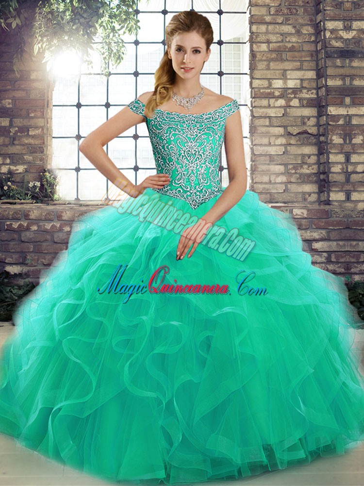 triumph Modest Sleeveless Beading and Ruffles Lace Up Sweet 16 Dress with Turquoise Brush Train