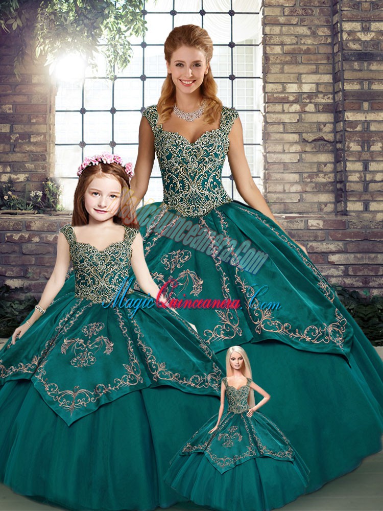 triumph Modern Teal Ball Gowns Straps Sleeveless Tulle Floor Length Lace Up Beading and Embroidery Sweet 16 Quinceanera Dress