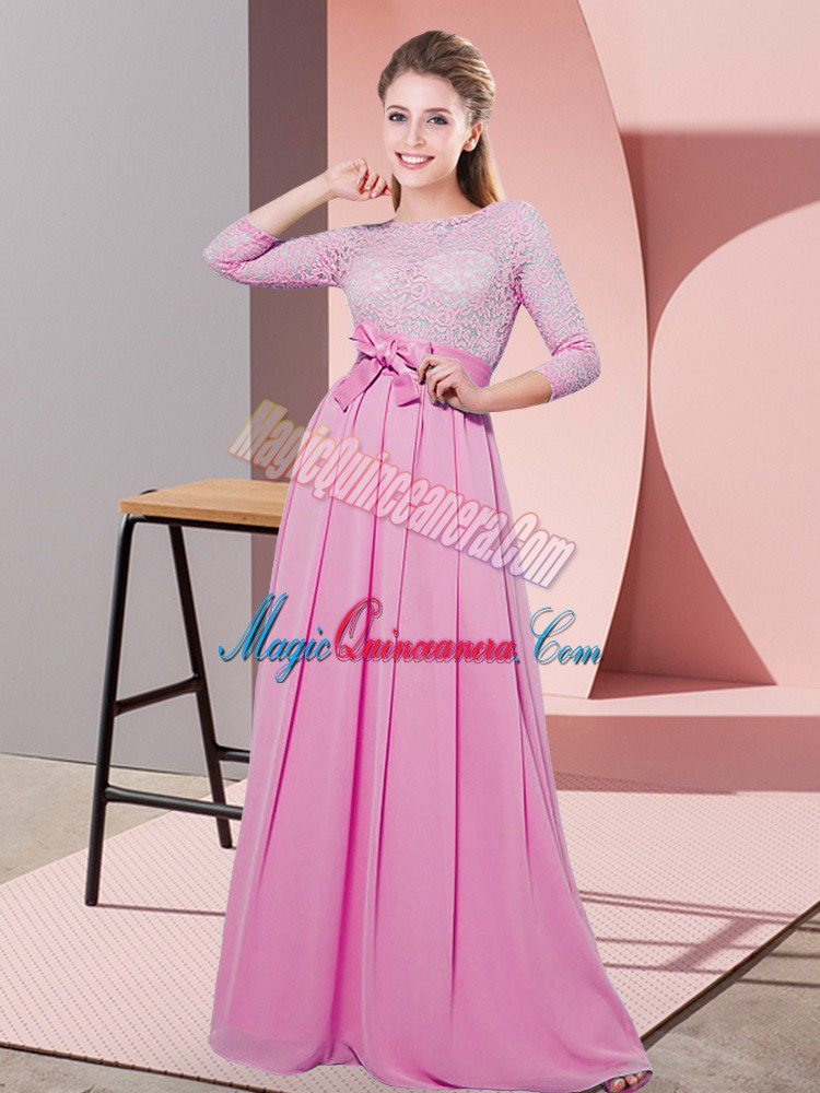 triumph Vintage Floor Length Rose Pink Quinceanera Dama Dress Chiffon 3 4 Length Sleeve Lace and Belt