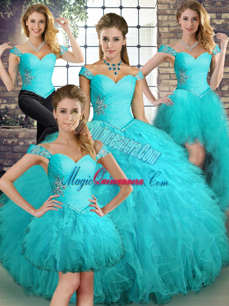 triumph Aqua Blue Ball Gowns Off The Shoulder Sleeveless Tulle Floor Length Lace Up Beading and Ruffles Quinceanera Dress