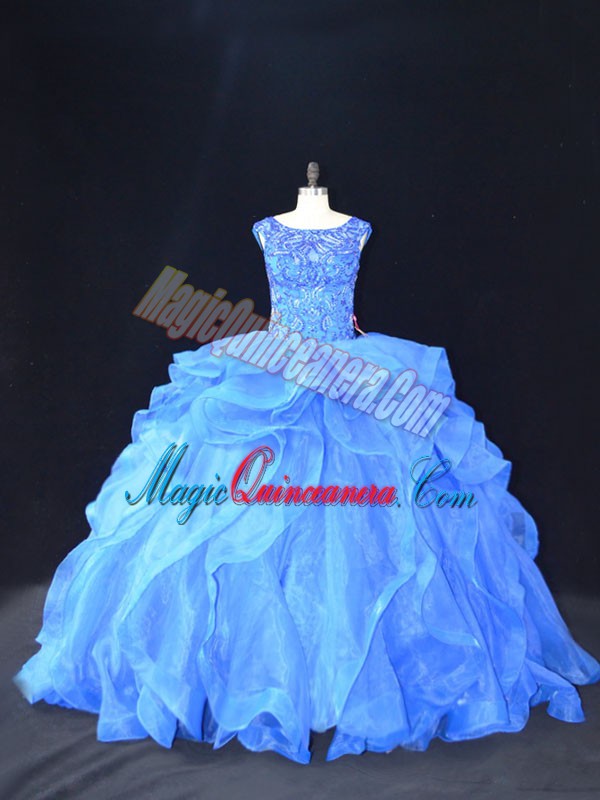 triumph Blue Ball Gowns Beading and Ruffles Vestidos de Quinceanera Lace Up Organza Sleeveless
