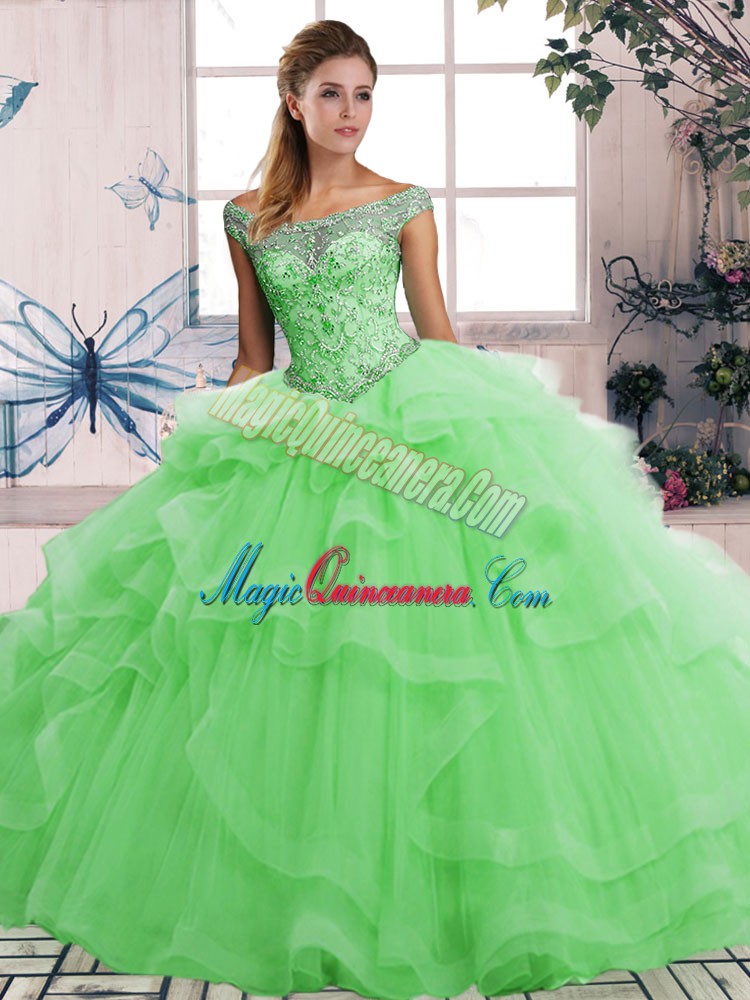 triumph Extravagant Off The Shoulder Sleeveless Tulle Quinceanera Gowns Beading and Ruffles Lace Up