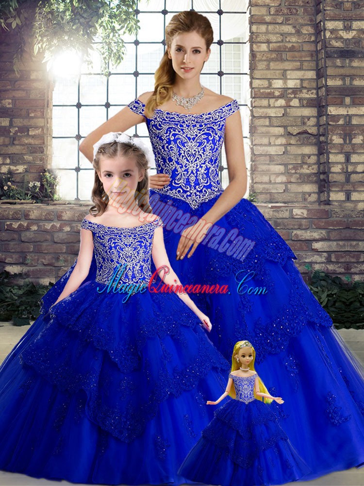 triumph Royal Blue Ball Gowns Tulle Off The Shoulder Sleeveless Beading and Lace Lace Up Sweet 16 Quinceanera Dress Brush Train
