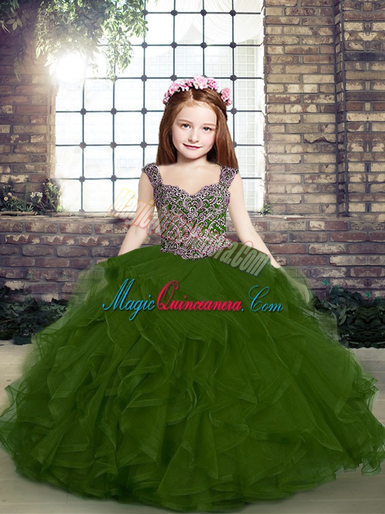 triumph Enchanting Olive Green Side Zipper Straps Beading and Ruffles Kids Pageant Dress Tulle Sleeveless