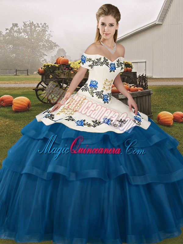 triumph Off The Shoulder Sleeveless Ball Gown Prom Dress Brush Train Embroidery and Ruffled Layers Blue Tulle