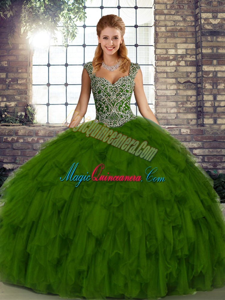 triumph Floor Length Lace Up Sweet 16 Quinceanera Dress Olive Green for Military Ball and Sweet 16 and Quinceanera with Beading and Ruffles