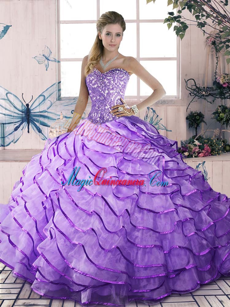 triumph Sexy Lavender Sleeveless Beading and Ruffled Layers Floor Length 15 Quinceanera Dress