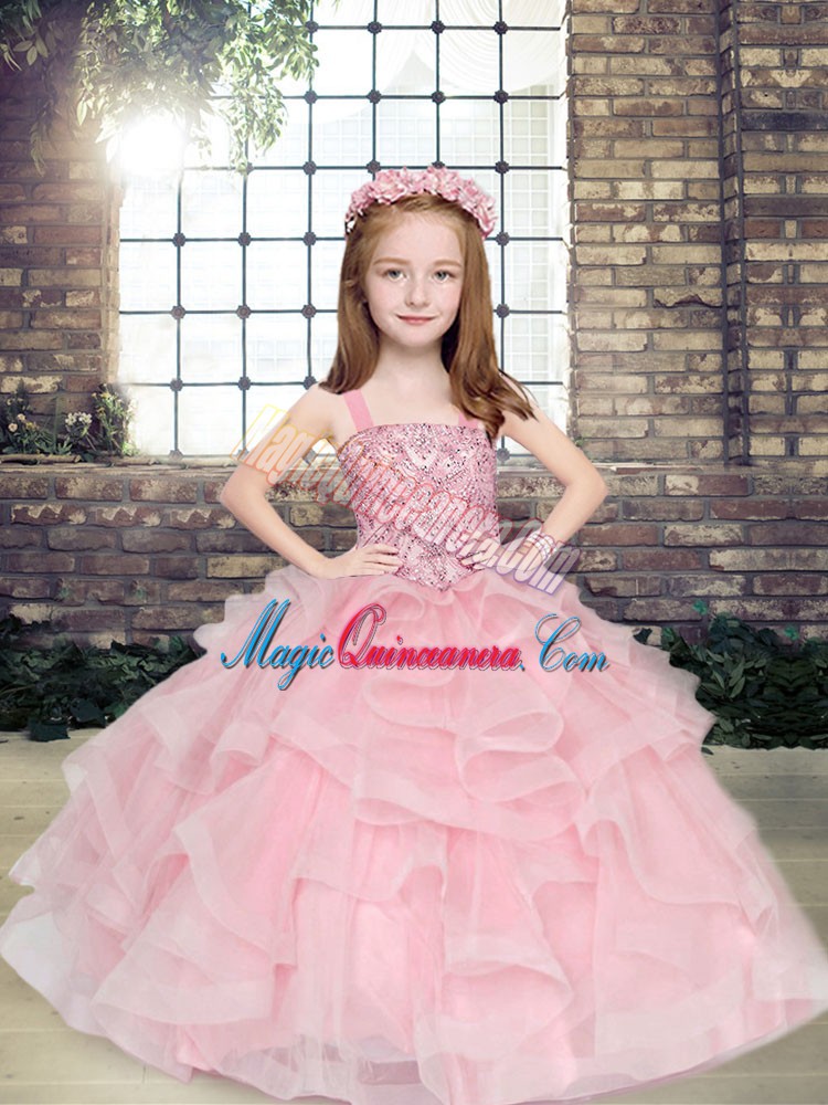 triumph Hot Sale Pink Ball Gowns Beading and Ruffles Pageant Dress for Girls Lace Up Tulle Sleeveless Floor Length