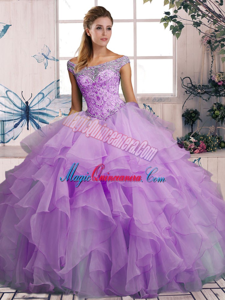 triumph Fitting Beading and Ruffles Sweet 16 Dresses Lavender Lace Up Sleeveless Floor Length