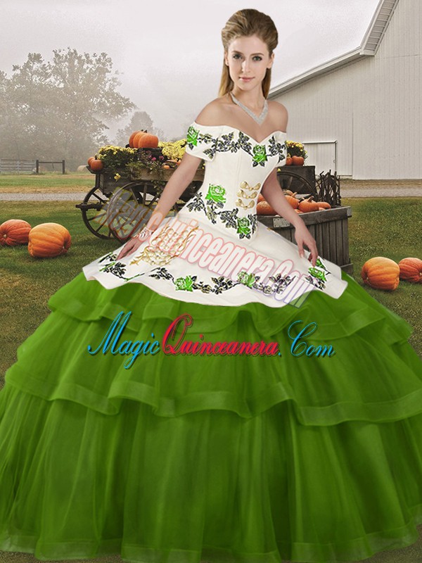 triumph Off The Shoulder Sleeveless Quinceanera Dresses Brush Train Embroidery and Ruffled Layers Olive Green Tulle