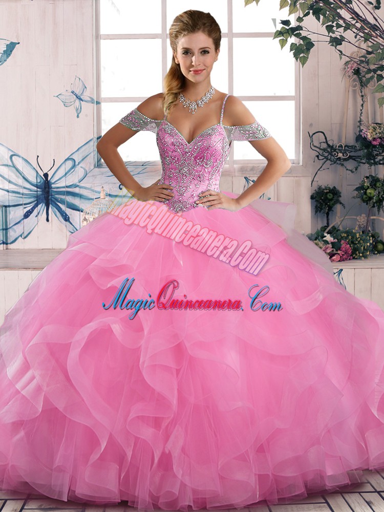 triumph Rose Pink Ball Gowns Tulle Off The Shoulder Sleeveless Beading and Ruffles Floor Length Lace Up Quince Ball Gowns