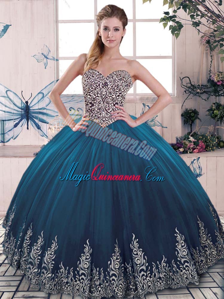 triumph Exceptional Sweetheart Sleeveless Tulle Ball Gown Prom Dress Beading and Appliques Lace Up