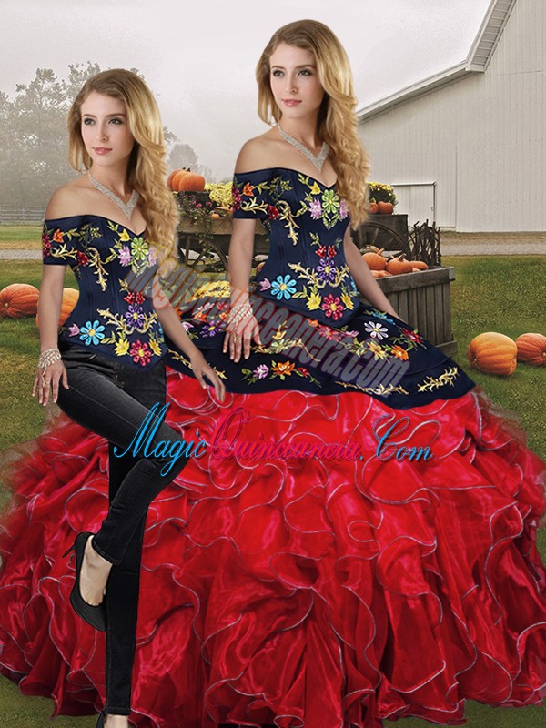 triumph Red And Black Off The Shoulder Neckline Embroidery and Ruffles Quinceanera Gown Sleeveless Lace Up