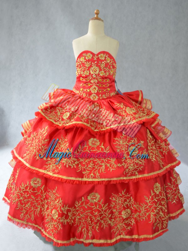 triumph Sleeveless Floor Length Embroidery and Ruffled Layers Lace Up Little Girls Pageant Dress Wholesale with Red