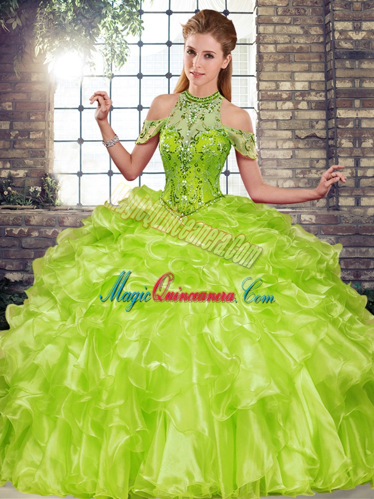 triumph Unique Halter Top Sleeveless Quince Ball Gowns Floor Length Beading and Ruffles Olive Green Organza