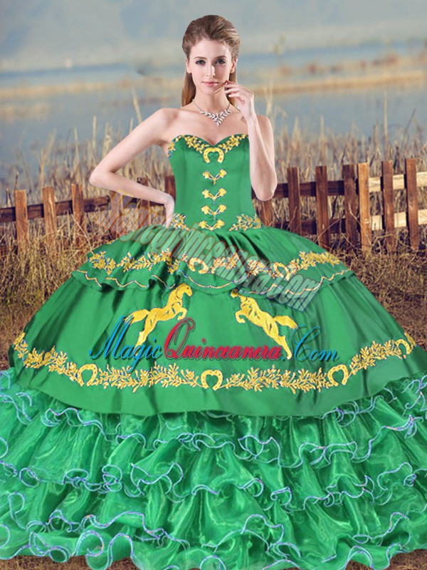 triumph Vintage Turquoise Sweetheart Neckline Embroidery and Ruffled Layers Vestidos de Quinceanera Sleeveless Lace Up