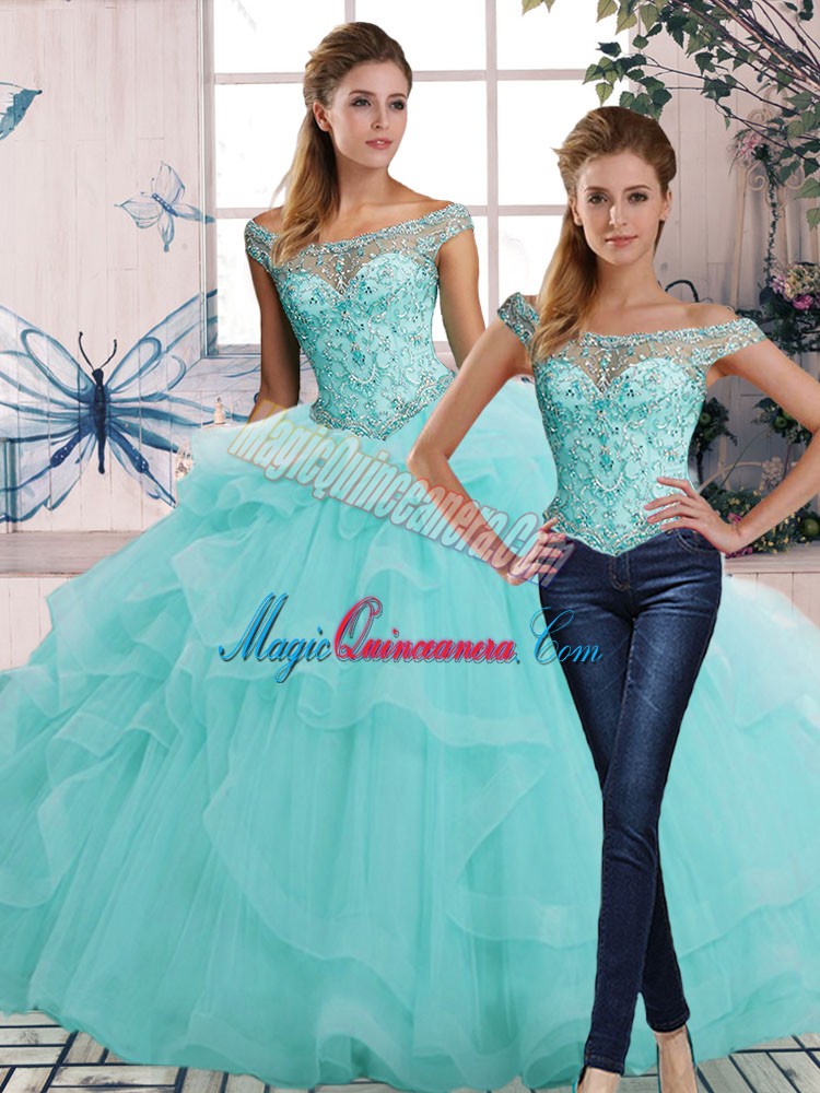 triumph Vintage Floor Length Lace Up Quinceanera Dress Aqua Blue for Military Ball and Sweet 16 and Quinceanera with Beading and Ruffles