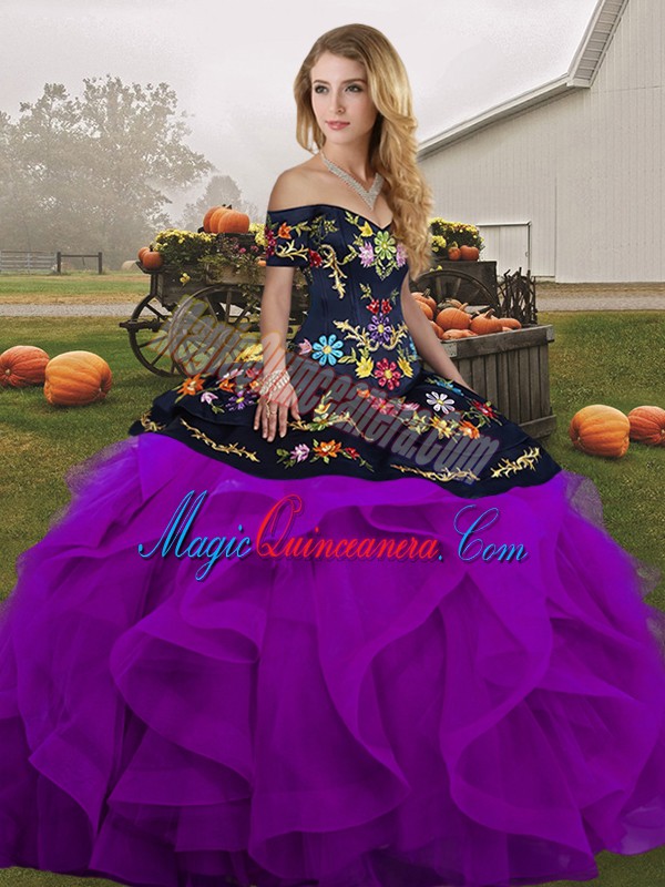 triumph Exceptional Floor Length Black And Purple Quinceanera Gown Tulle Sleeveless Embroidery and Ruffles