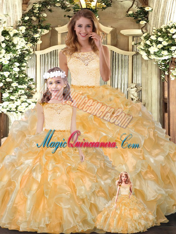 triumph Gold Sleeveless Organza Clasp Handle Quince Ball Gowns for Military Ball and Sweet 16 and Quinceanera