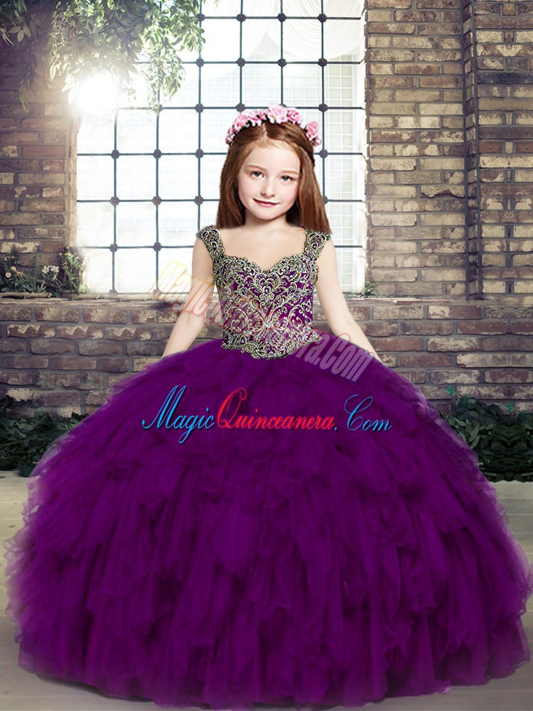 triumph Purple Ball Gowns Straps Sleeveless Tulle Floor Length Lace Up Beading and Ruffles Kids Formal Wear