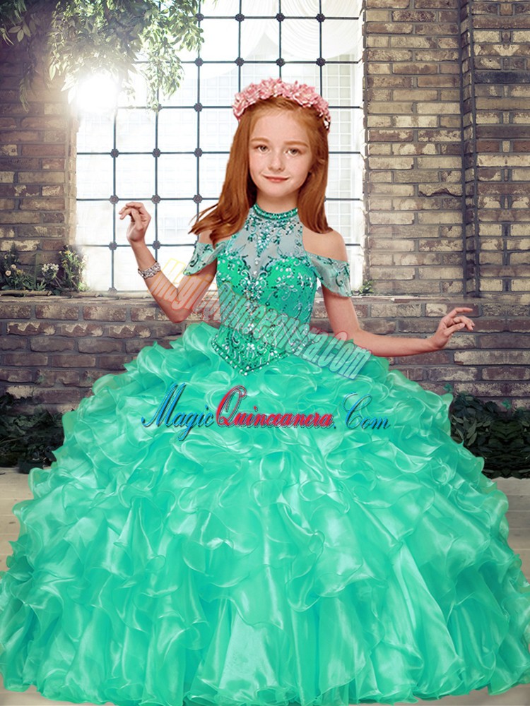 triumph Excellent Organza High-neck Sleeveless Lace Up Beading and Ruffles Child Pageant Dress in Apple Green