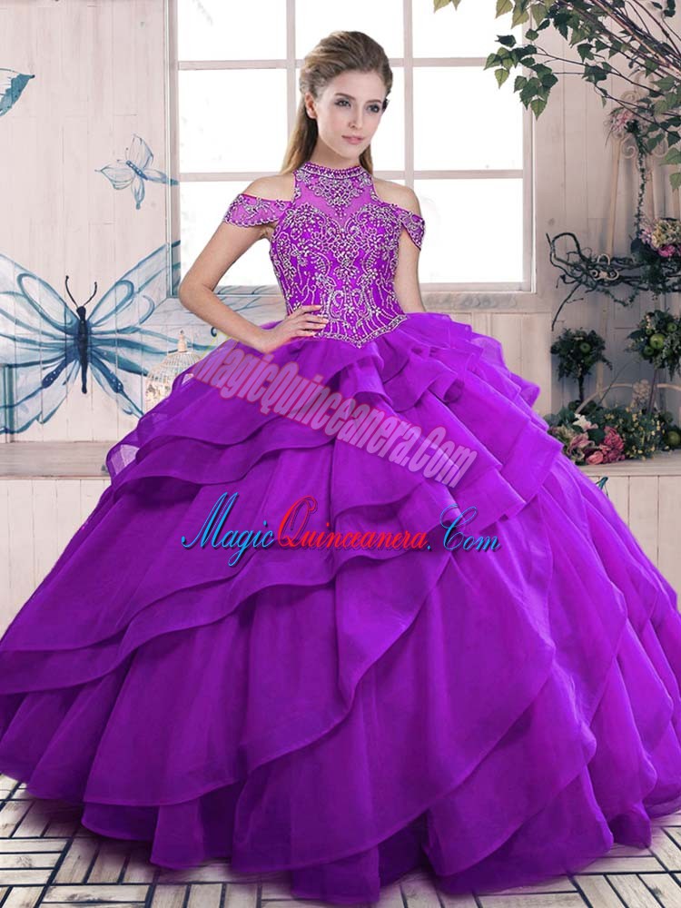 triumph Superior Purple Lace Up Quince Ball Gowns Beading and Ruffles Sleeveless Floor Length