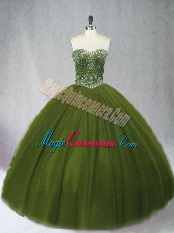 triumph Olive Green Ball Gowns Beading Quinceanera Gown Lace Up Tulle Sleeveless Floor Length