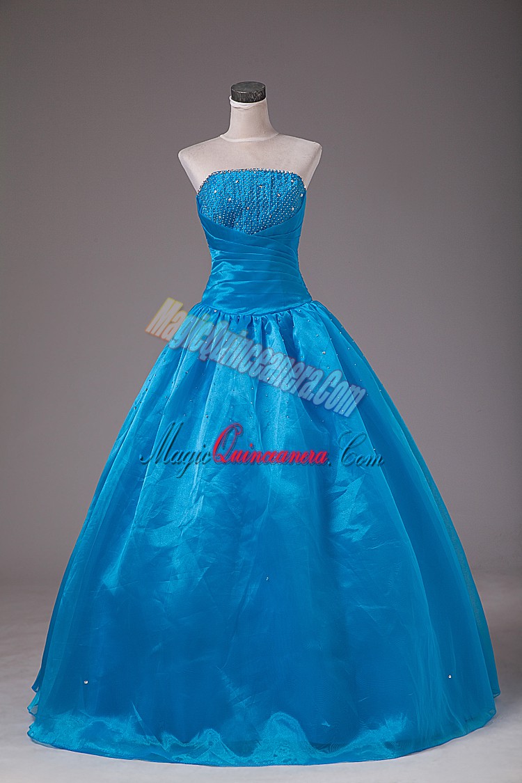 triumph Wonderful Sleeveless Organza Floor Length Lace Up Ball Gown Prom Dress in Blue with Beading