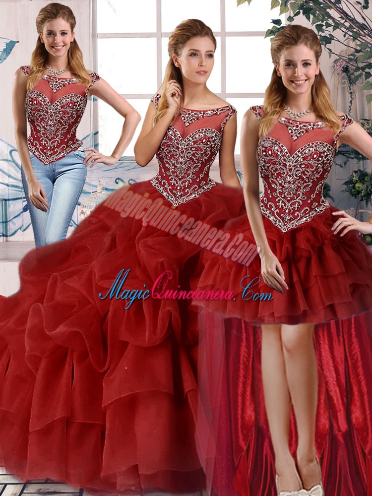 triumph Classical Scoop Sleeveless Organza Quinceanera Dress Beading and Pick Ups Brush Train Zipper