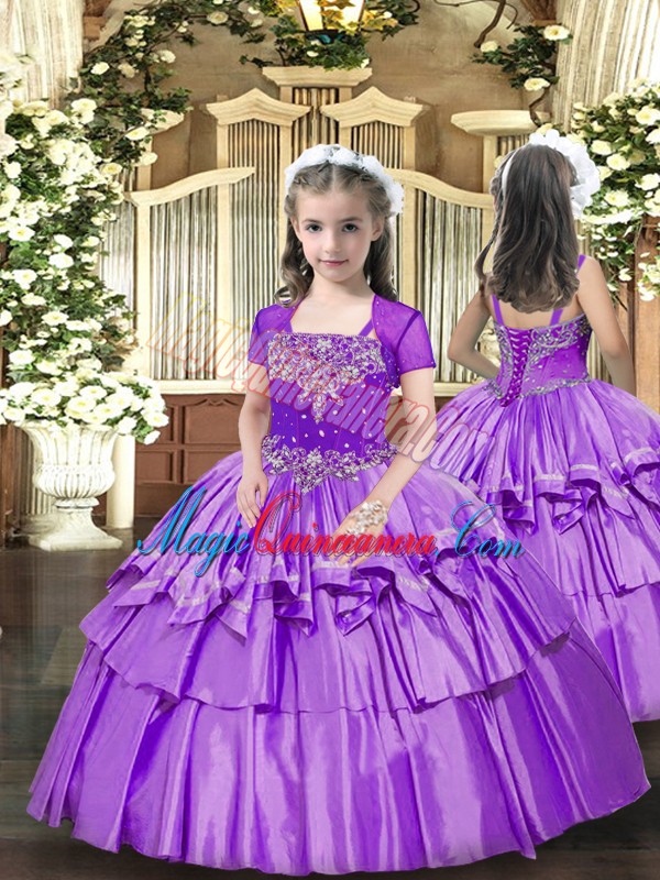 triumph Taffeta Straps Sleeveless Lace Up Beading and Ruffled Layers Glitz Pageant Dress in Lavender