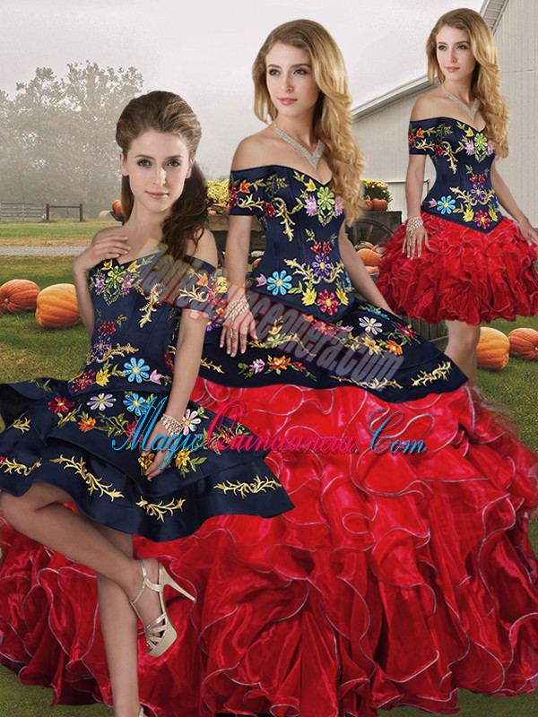triumph Modern Floor Length Lace Up Quince Ball Gowns Red And Black for Military Ball and Sweet 16 and Quinceanera with Embroidery and Ruffles