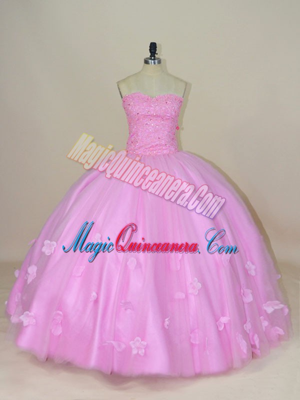 triumph Sleeveless Floor Length Beading and Hand Made Flower Lace Up 15th Birthday Dress with Lilac