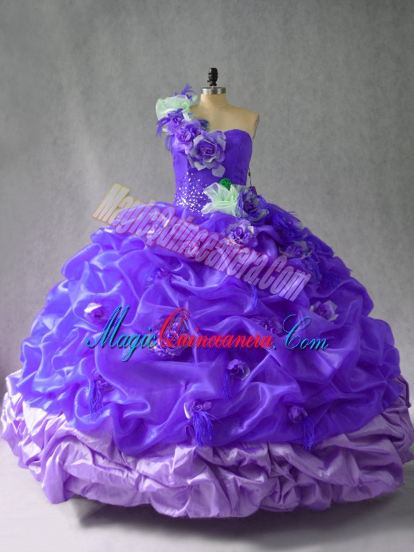 triumph Sleeveless Floor Length Pick Ups and Hand Made Flower Lace Up Ball Gown Prom Dress with Purple