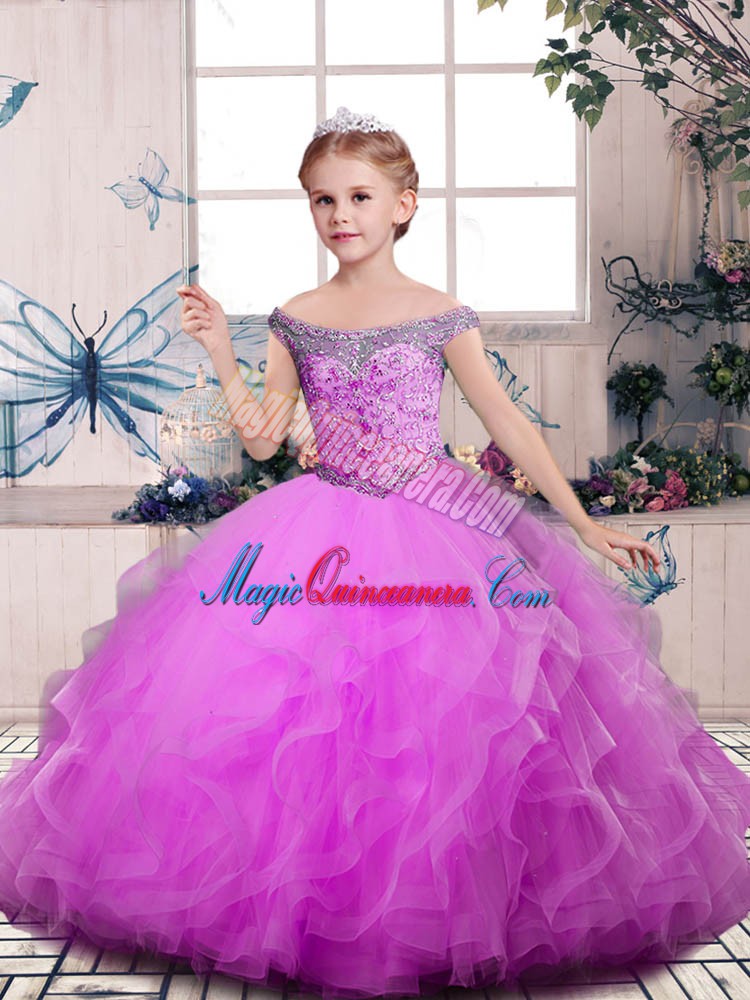  Sleeveless Lace Up Floor Length Beading and Ruffles Pageant Dress