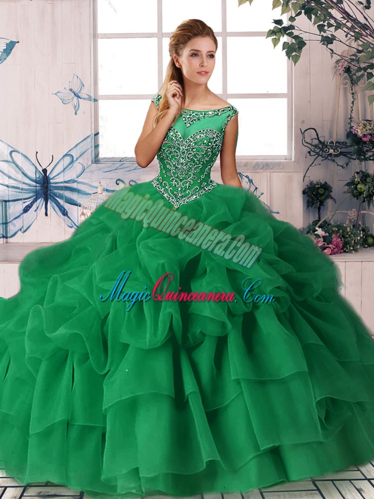 triumph Flare Sleeveless Beading and Pick Ups Zipper 15 Quinceanera Dress with Green Brush Train