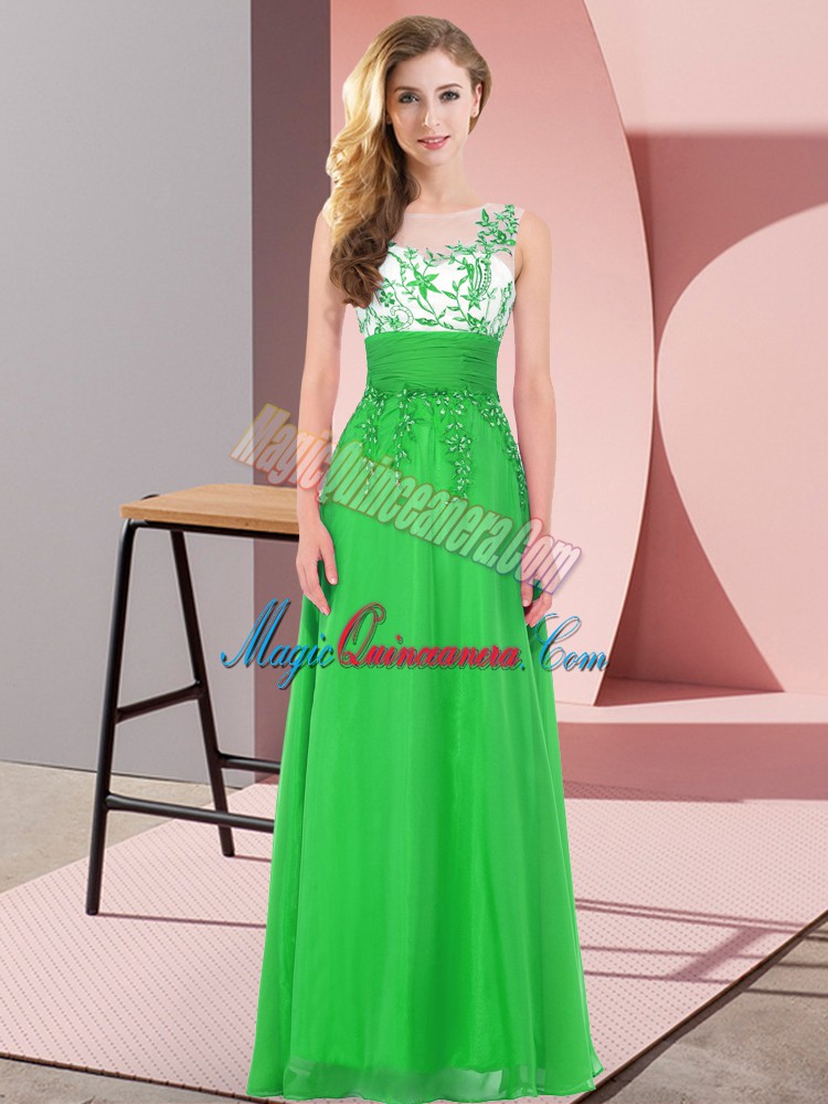 triumph Fitting Sleeveless Chiffon Floor Length Backless Quinceanera Court of Honor Dress in Green with Appliques