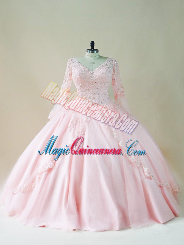 triumph Glittering Satin and Tulle Long Sleeves Floor Length Sweet 16 Quinceanera Dress and Beading and Appliques