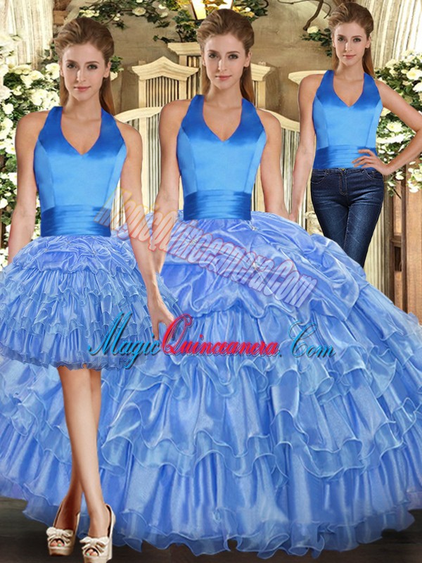 triumph Sumptuous Baby Blue Lace Up 15 Quinceanera Dress Ruffles and Pick Ups Sleeveless Floor Length